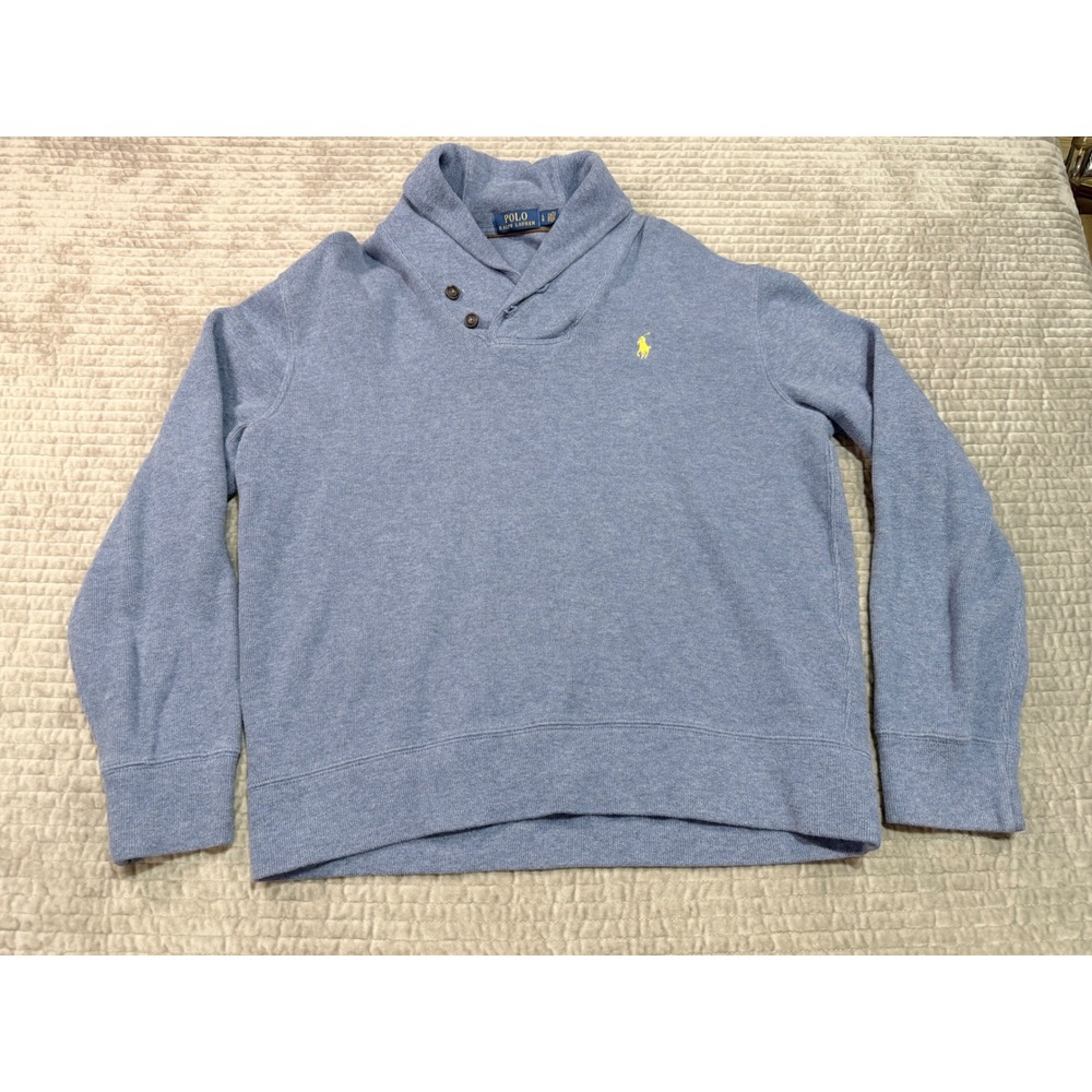 POLO RALPH LAUREN Blue Shawl Collar Pullover Sweatshirt Yellow Pony Size Large